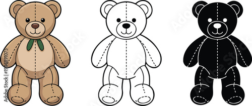 Teddy bear silhouette & Outline and illustration set isolated on transparent background