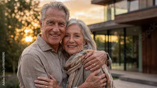 Elderly couple smiles together in front of their modern house during sunset in warm light while they embrace and enjoy the moment
