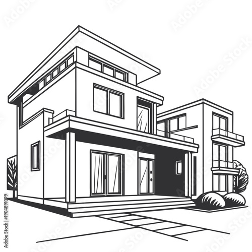 A detailed sketch of a modern two-story house with a car parked in the driveway
