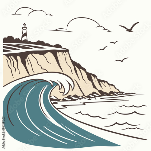 A serene coastal scene with waves crashing against a rocky cliff and birds flying overhead