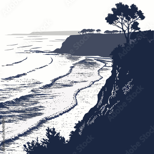 A dramatic coastline with crashing waves and a solitary tree standing tall on a cliff.