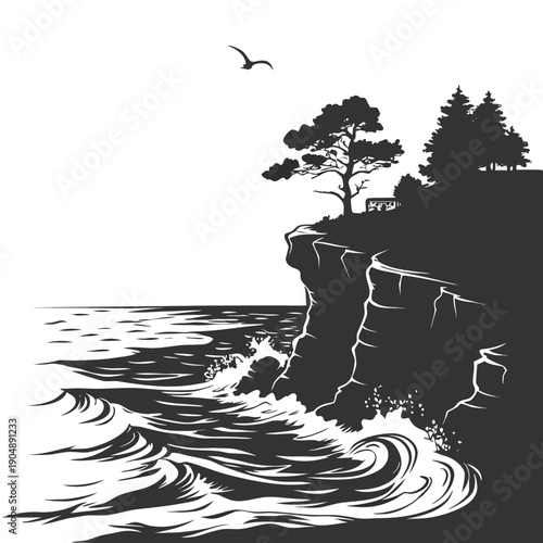 A solitary bird soars above a rocky coastline with crashing waves below