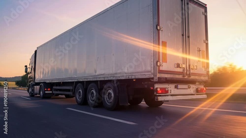 Truck drives down the highway with sunlight reflecting off its surface during the evening hours in warm weather