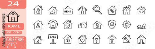 Residential house property and mortgage outline icon set, real estate investment and home maintenance symbol, apartment rent and sale vector illustration with editable stroke
