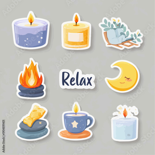 Relaxation and self-care sticker set. Vector icons of candles, campfire, moon, and cozy elements.