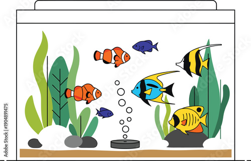 A colorful illustration of a glass aquarium filled with various tropical fish and green plants.