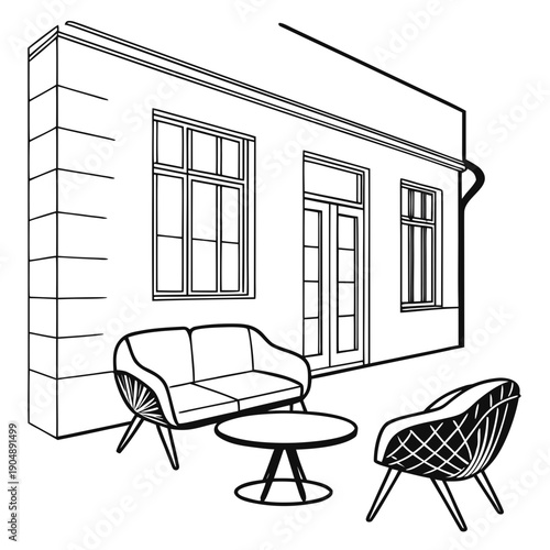 Modern outdoor seating area with a minimalist design and a curved wall