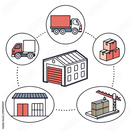 Illustration of various transportation and storage methods for goods