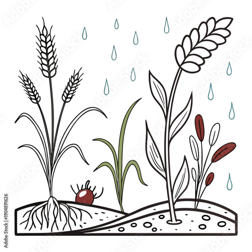 A serene landscape with plants growing on a wooden bench in the rain