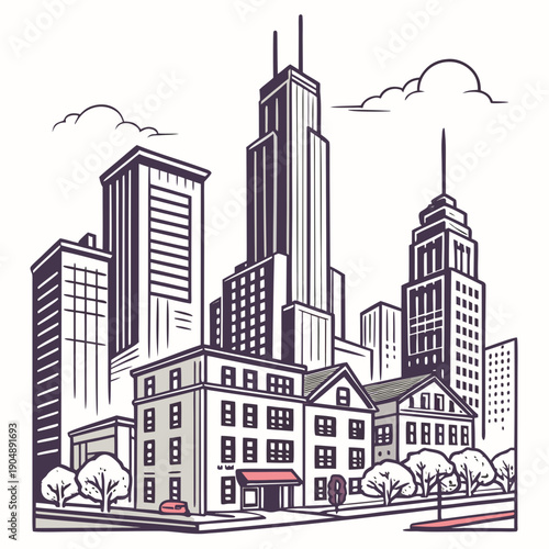 A detailed sketch of a cityscape featuring tall buildings and a bustling street scene