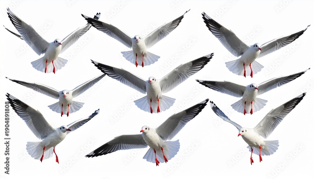 Obraz premium Nine seagulls in flight arranged in rows