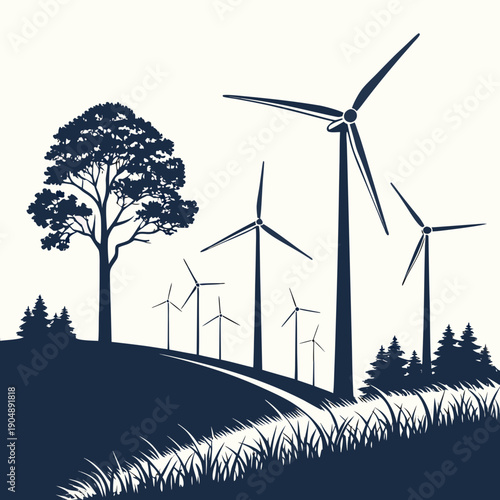 Wind turbines generating clean energy in a serene landscape with trees