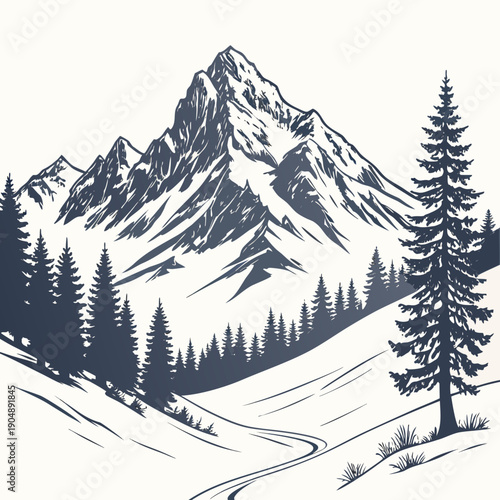 Majestic mountain landscape with snow-capped peaks and dense forest