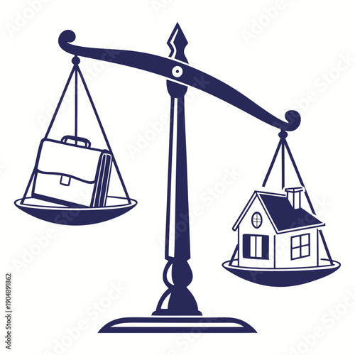 A balance scale with a briefcase on one side and a house on the other.