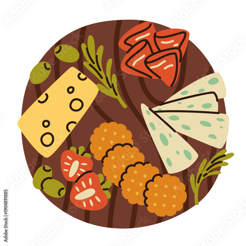 A delicious cheeseboard. Cheese slices, fruit, olives, grapes. Festive appetizers.