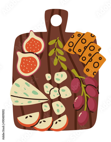 Cheese appetizer board. Cheese slices, fruit, olives, grapes. Festive appetizers.