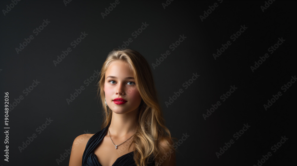 Naklejka premium elegant blonde woman in black evening gown at prom, nordic fashion portrait with studio lighting, formal prom night beauty editorial