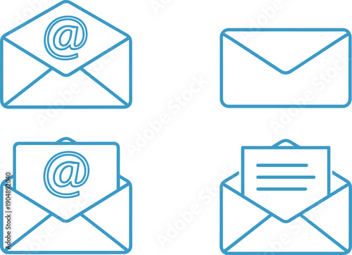 Blue line of envelopes with and without at symbols line envelopes email communication