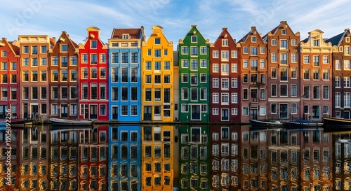 Colorful dutch canal houses reflected in calm water amsterdam netherlands