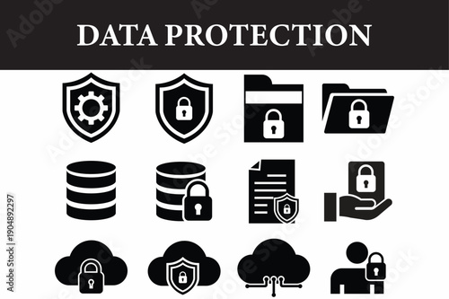 Data Protection Icon Set – Cyber Security, Privacy, Encryption & Secure Storage Symbols Vector