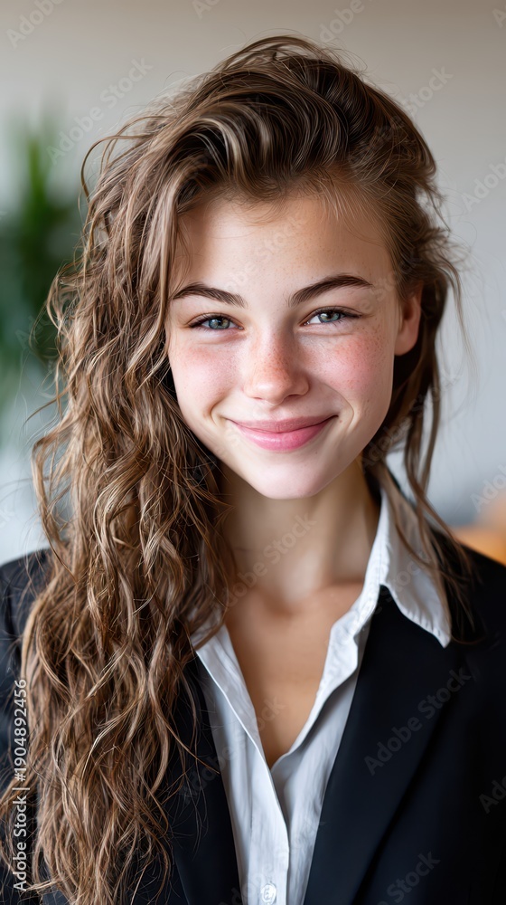 Fototapeta premium A young woman with long curly hair smiles while dressed in a black suit. She stands in an office with soft lighting and plants in the background