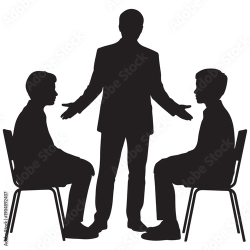 Silhouette of a man mediating between two seated figures