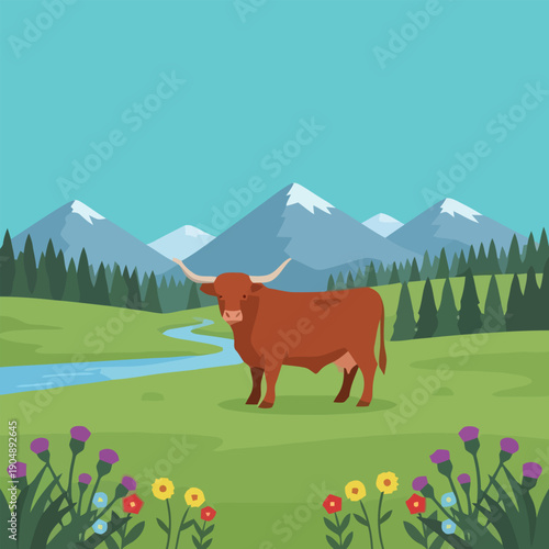 Highland Cow in a scenic landscape with mountains and colorful flowers
