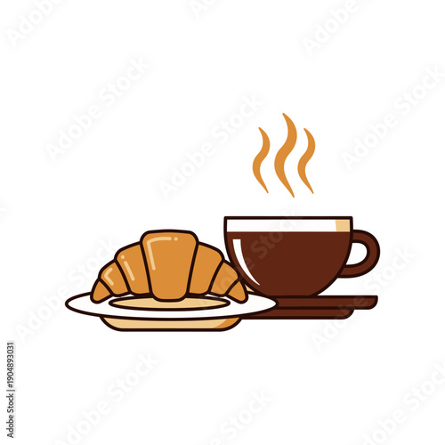 Steaming hot coffee cup with a delicious croissant on a plate, perfect for breakfast.