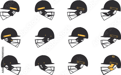 Set of cricket helmet silhouette icons with protective face guards for professional sports equipment design and player safety gear marketing