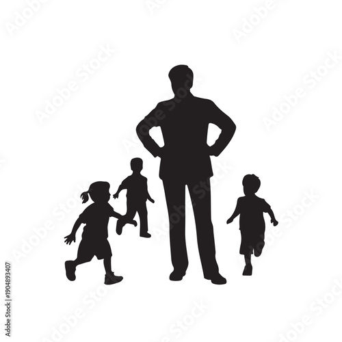 Silhouette of a man with children running around him