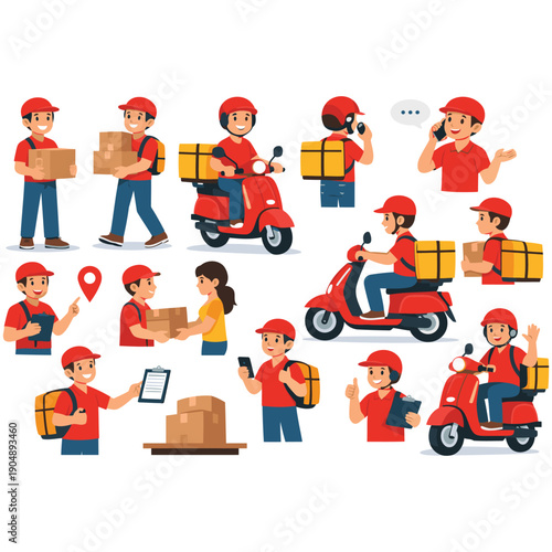 Diverse group of delivery personnel using various methods to transport packages