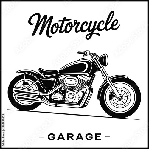 Vintage custom motorcycle garage vector illustration with classic bobber bike design for automotive repair shop branding and retro biker apparel