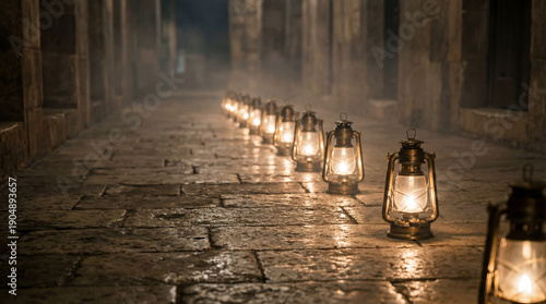 Brass fanous lanterns Row In Stone Passage - Ramadan vibes