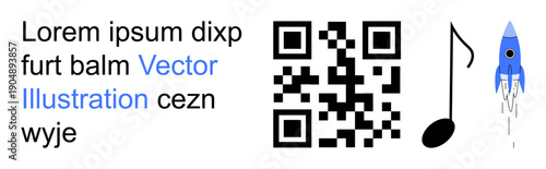 Digital marketing, technology, design projects, innovation, entertainment, coding. QR code, text rocket and a musical note in a conceptual design. Digital marketing and technology