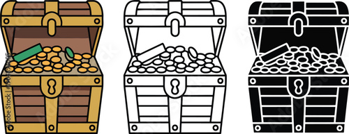 Treasure chest flower silhouette & Outline and illustration set isolated on transparent background