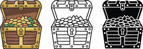 Treasure chest flower silhouette & Outline and illustration set isolated on transparent background