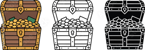 Treasure chest flower silhouette & Outline and illustration set isolated on transparent background