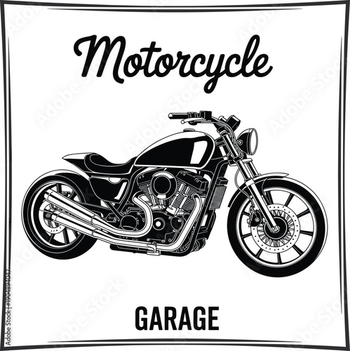 Vintage custom motorcycle garage vector illustration with classic bobber bike design for automotive repair shop branding and retro biker apparel