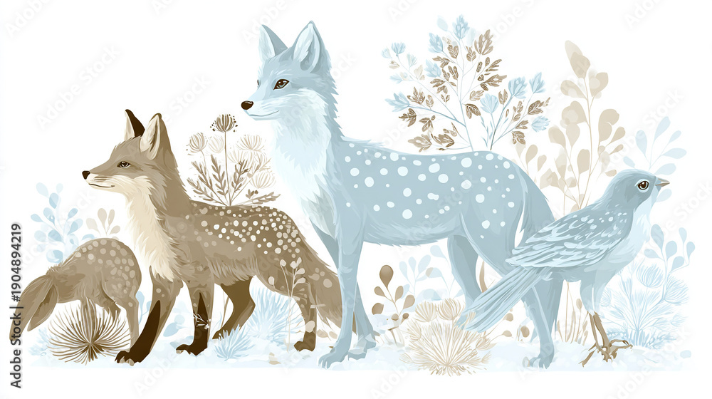 Fototapeta premium Whimsical Fox, Deer, and Bird in Snowy Forest Setting