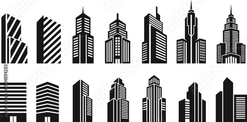 Modern Skyscraper And City Building Silhouette Icon Set Featuring Urban Architecture High Rise Towers Black And White Vector Illustration Isolated On White Background