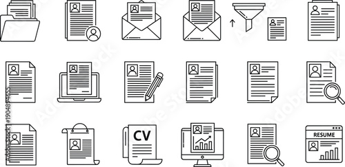 Resume And Document Line Icon Set Featuring CV Profile Application Files Email And Search Symbols Black And White Vector Illustration Isolated On White Background