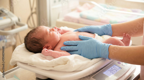 Newborn baby being weighed by nurse in hospital nursery  