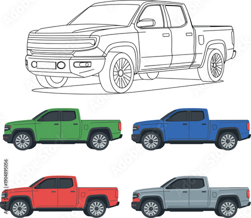 Pickup truck vector illustration set with line art and color variations for automotive transport design and commercial vehicle marketing material
