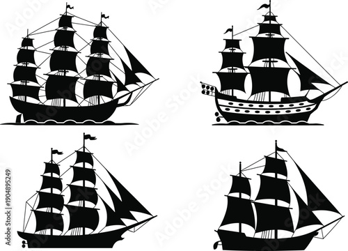 Set of vintage sailing ship silhouette icons for maritime history nautical transport and old wooden pirate vessel sea voyage vector design