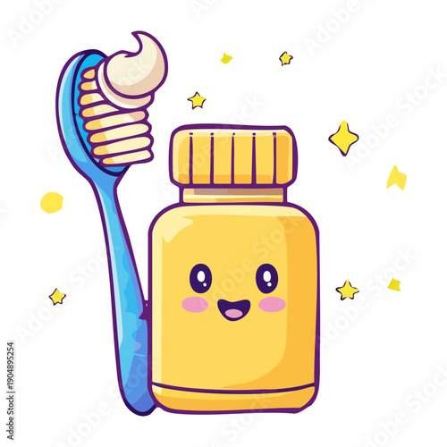 Dental hygiene set with toothbrush and yellow bottle for mouthwash or soap graphic asset