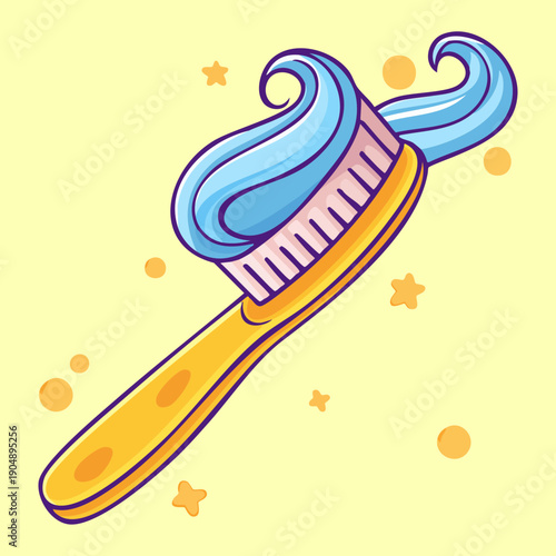 Yellow toothbrush with blue toothpaste swirl for dental care and morning routine graphic asset