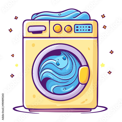 Front load washing machine graphic asset with soap suds and clothing for laundry service design