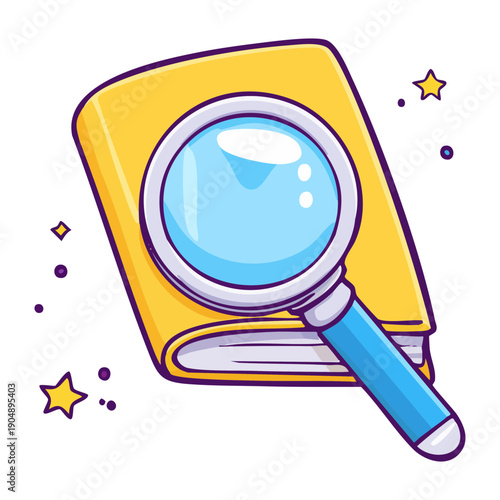 Open yellow book with a blue magnifying glass for deep learning Graphic Asset