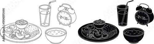 Healthy Breakfast, Iftar, Sehri Meal with Fruits, Sandwich, Cereal, and Drink next to Alarm Clock - Line Art and Silhouette Styles