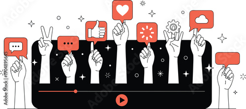 Social media interaction concept illustration with raised hands, digital icons, video player interface, communication, engagement, creativity, innovation, online success